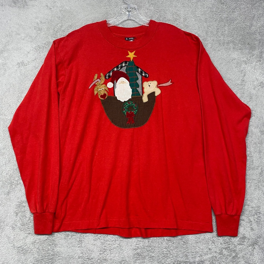 Vintage‎ Fruit of the Loom Shirt XL Red Christmas Santa Reindeer Applique USA